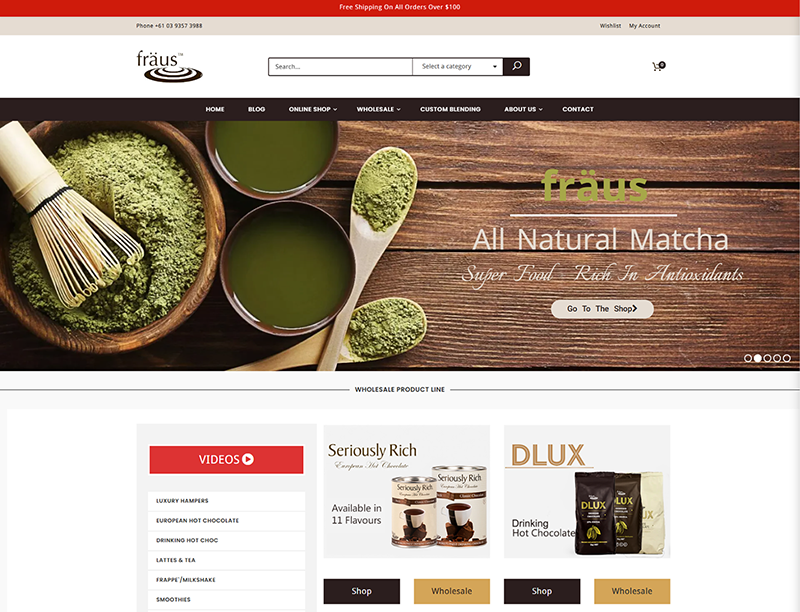 Fraus website featuring all-natural matcha products.